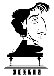 フランス生まれのポーランド系作曲家・ピアニスト、フレデリック・ショパン（1810-49）、ピアノを伴う白黒グラフィック風カリカチュア